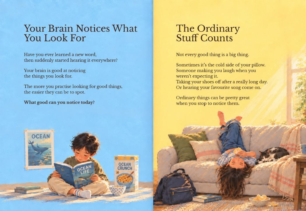 Your brain notices what you look for: a spread from The Gratitude Journal for Kids